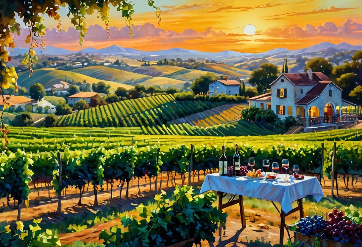 A picturesque vineyard landscape with rolling hills, grapevines laden with ripe grapes, seamlessly blending into a vibrant art gallery filled with colorful paintings inspired by winemaking. Include an artist painting en plein air amongst the vines, while a wine bottle and glass sit on an easel. The sun setting in the background casts warm golden hues across the scene. super-realistic. vibrant colors. soft focus.