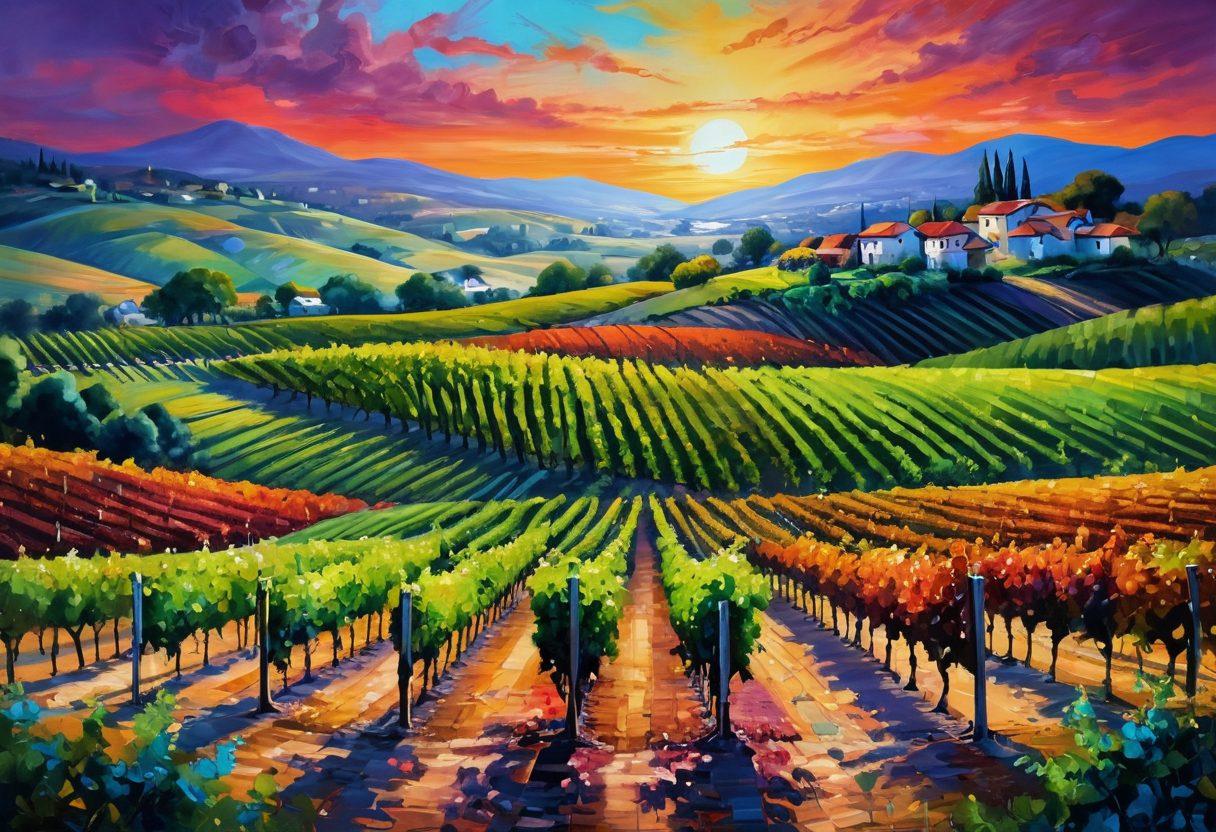 A whimsical landscape showcasing a vibrant vineyard intertwined with artistic elements like colorful paint splatters and paintbrushes amongst the grapevines. Include an artist's palette spilling out wine instead of paint, and a soft sunset hue illuminating the scene. Evoke a feeling of creativity flowing through the vines, celebrating the connection between wine and art. painterly style. vibrant colors. soft focus.