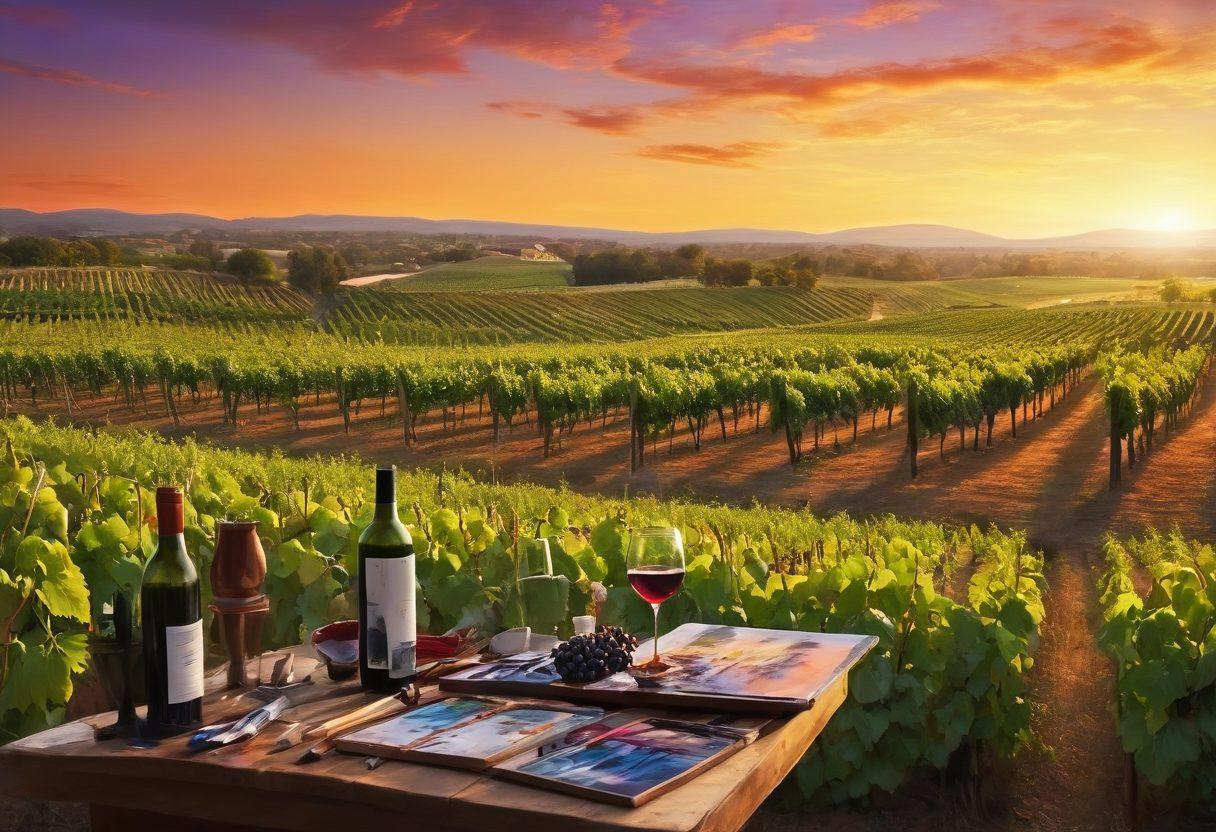 A visually striking montage of a vineyard at sunset, with lush grapevines and an artist painting in the foreground, surrounded by wine bottles and brushes, symbolizing the fusion of wine and creativity. Include elements like swirling paint representing artistic flair and grape clusters integrated into the paint palette. The scene should evoke warmth and inspiration. super-realistic. vibrant colors. rich textures.